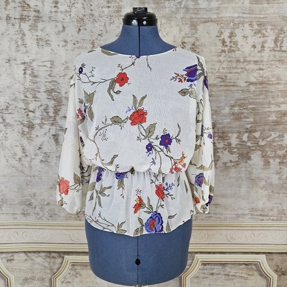 Vintage Tops - Vintage 1970s Sheer Blouse Ivory Floral Top Peplum 3/4 Sleeves Purple Red